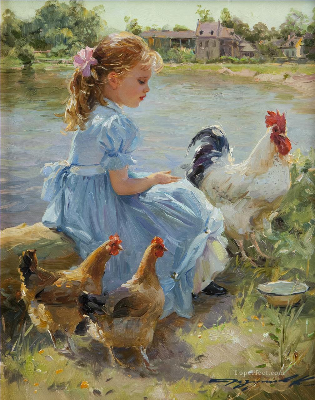 jeune fille avec coq et deux poules animaux de compagnie Peintures à l'huile